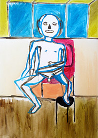 workshopresultaten van het modelschilderen naar naaktmodel, een aantal deelnemers zijn druk bezig goed naar het model te kijken en dit om te zetten naar een doek met acryl verf het doek is klaar